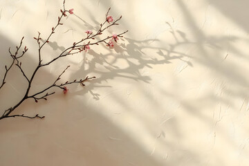 Photo Pink Cherry Blossom Branch on Beige Textured Background