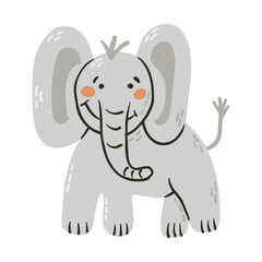 Vector childish illustration of cute smiling elephant with large ears and blushing cheeks in simple, hand drawn style. Perfect for kids designs, nursery decor, and animal themed projects