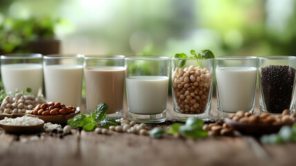 Photo of Plant-Based Milk Variety Almond, Soy, Rice, Chia Seeds