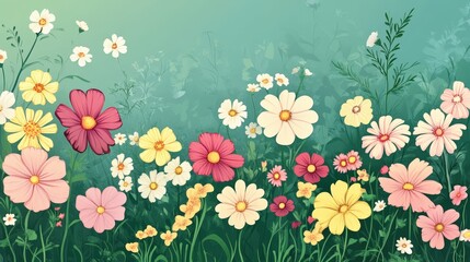 A vibrant illustration depicts a serene meadow filled with colorful wildflowers, showcasing nature's beauty and diversity. The tranquil setting evokes peace and harmony in a lush garden environment.