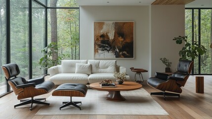 Fototapeta premium Modern living room with white sofa, two armchairs, a wooden coffee table, and a large window with a view of trees.