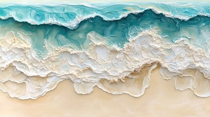 Aerial View of Serene Ocean Waves Crashing on a Sandy Shore, Capturing the Beauty of Turquoise Waters and White Foam, Perfect for Beach, Nature, and Coastal Travel-Themed Visuals