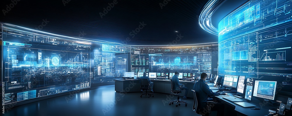 Poster high-tech control room with multiple screens displaying data and monitoring systems.