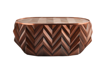 Stylish wooden table featuring a chevron pattern with a copper rim, ideal for adding a modern rustic touch to interior decor and design projects. Isolated on transparent background, png.
