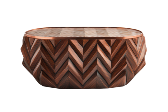 Stylish wooden table featuring a chevron pattern with a copper rim, ideal for adding a modern rustic touch to interior decor and design projects. Isolated on transparent background, png.