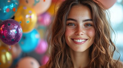 Fototapeta premium Joyful young woman smiling surrounded by colorful party balloons