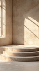 Empty round podium in beige room with sunlight from arched window