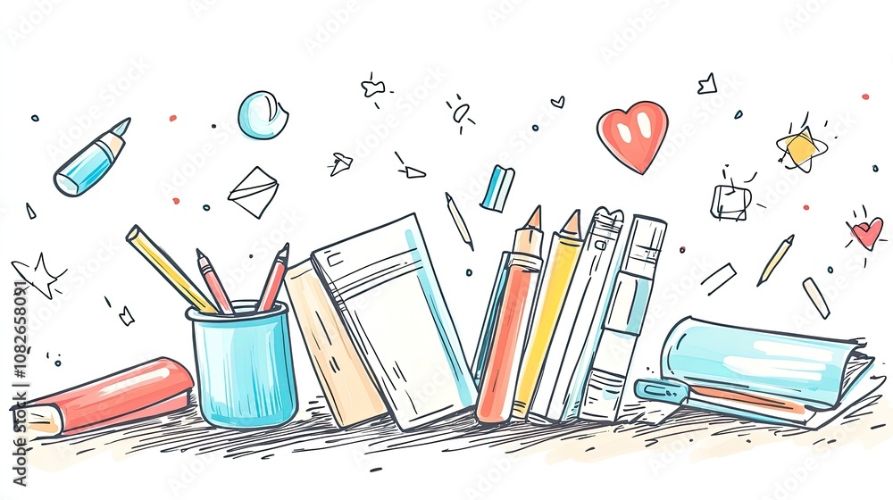 Fototapete whimsical doodle of stationery items, including paper and ink, with a simple line drawing style, add