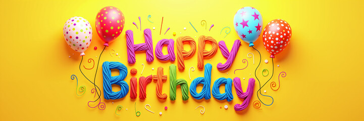 Fototapeta premium Birthday card with a vibrant yellow background, featuring colorful balloons and the words Happy Birthday in a playful, multicolored yarn-style font.