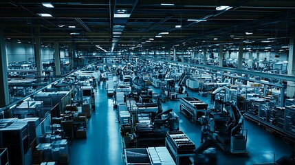 A large industrial facility filled with machinery and assembly lines for manufacturing.