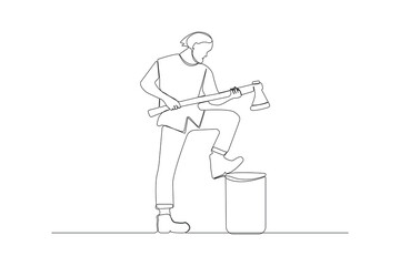 Continuous single-line art drawing of man cutting wood with an axe.  Chopping woods outline vector