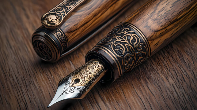 Close-up of a beautifully handcrafted wooden fountain pen featuring exquisite engravings, highlighting the artisanal craftsmanship and classic design style. Exquisite. Illustration