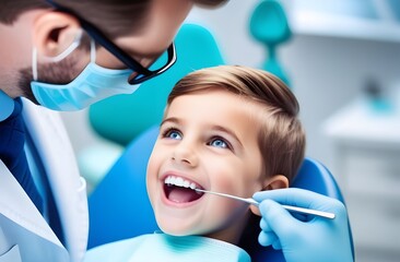 Fototapeta premium Dentist examines young boy\'s teeth during a routine dental check-up in a bright and friendly clinic environment