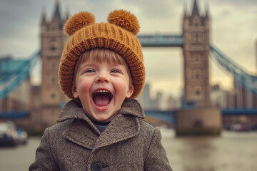 A little boy wearing a brown hat and coat with a big smile on his face