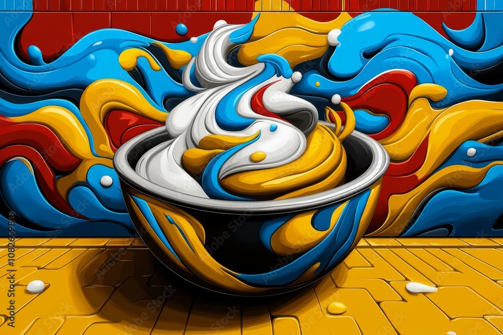 Poster pixel art of a mixing bowl with ingredients swirling, in retro 8-bit style with bright colors blendi