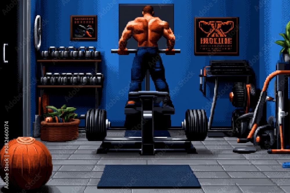 Leinwandbilder Pixel art of a retro gym with tiny pixel characters lifting weights and running on treadmills, 8-bit style