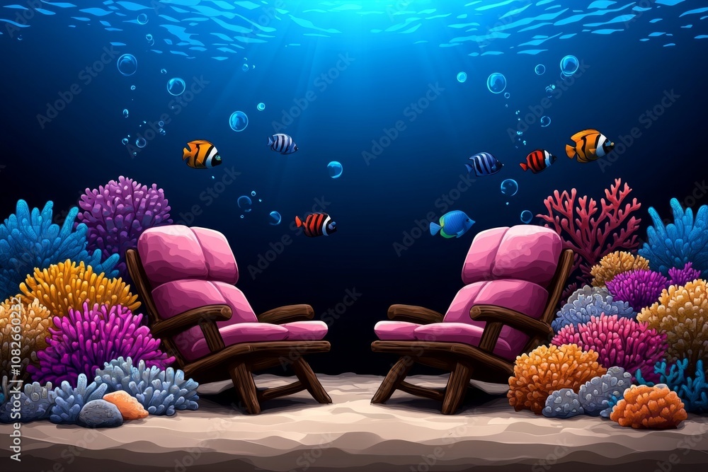 Poster pixel art of an underwater scene with colorful fish and coral, retro 8-bit style with bright blue ba