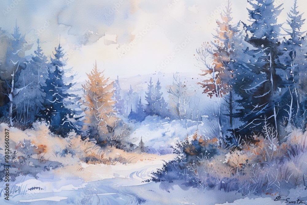 Poster A serene winter landscape showcases pine trees blanketed in snow beneath a cloudy sky with soft sunlight filtering through in a tranquil setting