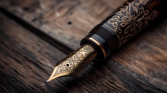 Close-up of a beautifully handcrafted wooden fountain pen featuring exquisite engravings, highlighting the artisanal craftsmanship and classic design style. Exquisite. Illustration