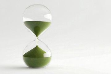 A clear hourglass filled with vibrant green sand, symbolizing the passage of time and nature.