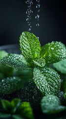 Fresh mint leaves glistening with water droplets, showcasing their vibrant green color.