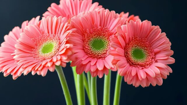 Pink gerbera daisies are in full bloom against a dark background
