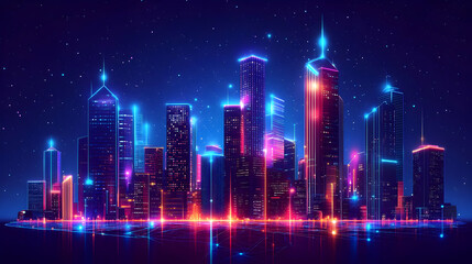 Naklejka premium Illustration - Neon Cityscape Night Lights Architecture