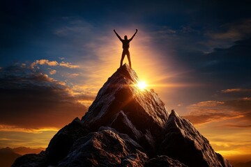 Realistic image of a person reaching the top of a mountain with arms raised in victory at sunrise, symbolizing success