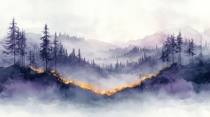 A serene landscape with a smoky atmosphere and a fire line amidst trees and mountains.