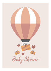Baby shower girl and boy poster, vector template. Baby shower pastel invitation with hot air balloon hand-drawn text on a beige background	with gifts or presents.