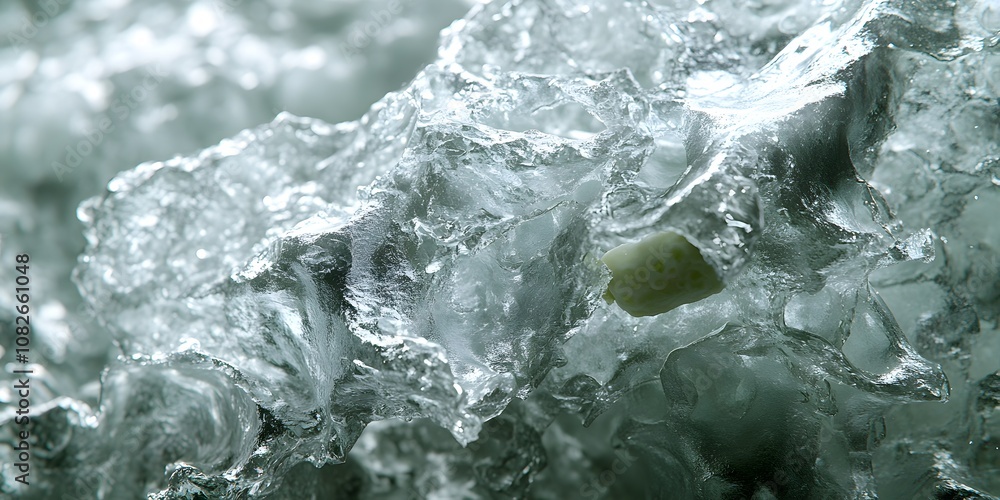 Poster close-up of crystalline ice with a hint of green material embedded.
