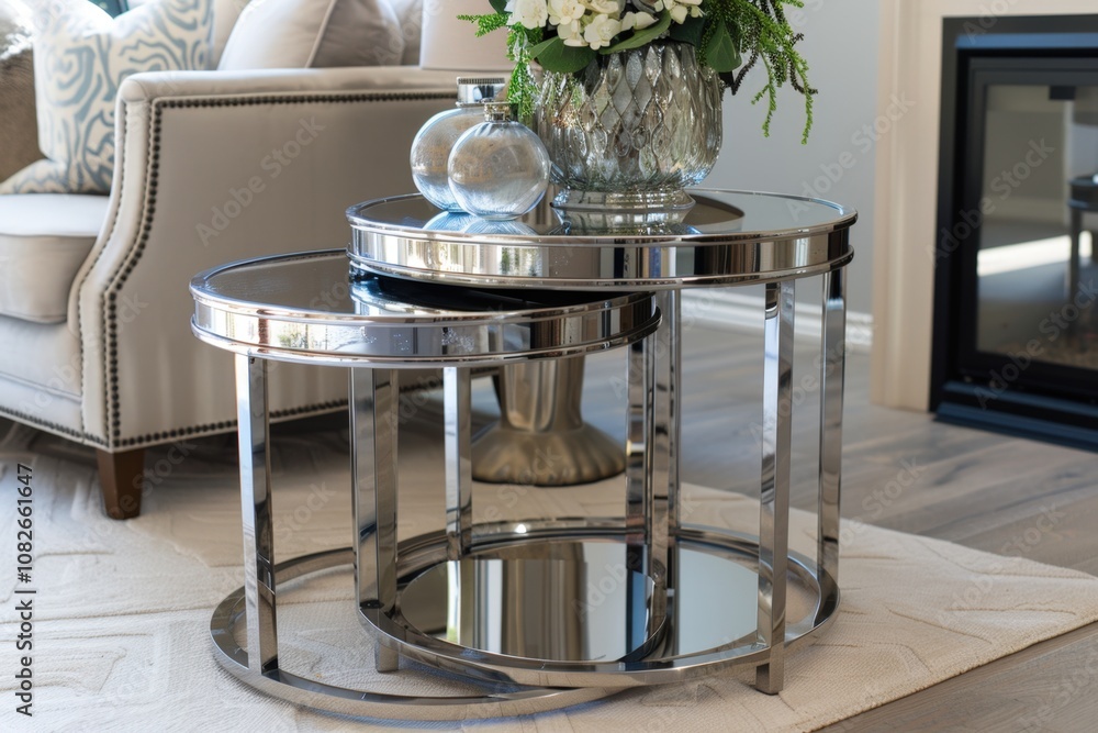 Aufkleber Modern nested tables with reflective surfaces and sleek design displayed in a bright, stylish interior of a contemporary living room