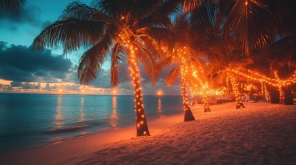 Palm trees illuminated with fairy lights on a tropical beach at sunset.