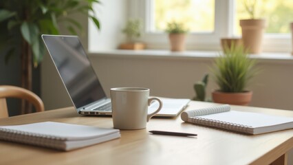Cozy workspace with a laptop, coffee cup, and notebook on a table, illuminated by natural light. Perfect for home office, remote work, and freelancers