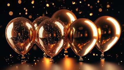 Shiny golden and bronze balloons on a black background. Celebration and luxurious atmosphere concept. Perfect for event planning, party invitations, luxury brand marketing, and holiday promotions