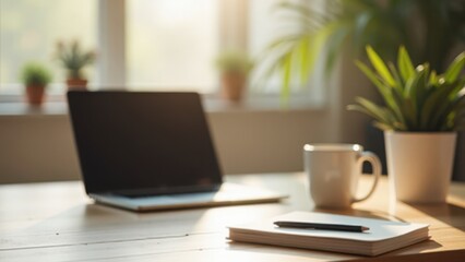 Cozy workspace with a laptop, coffee cup, and notebook on a table, illuminated by natural light. Perfect for home office, remote work, and freelancers