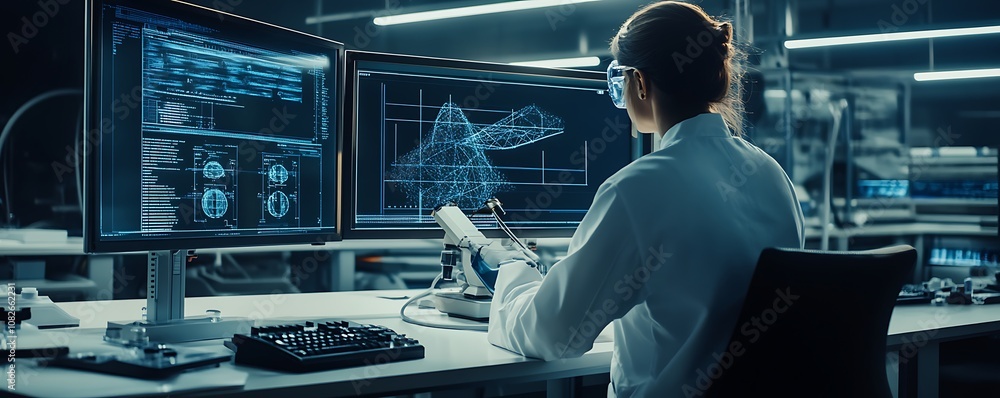 Aufkleber a scientist analyzes data on multiple screens in a high-tech laboratory setting.