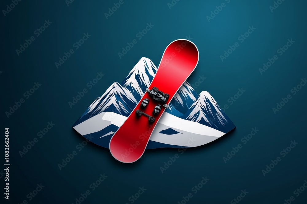 Poster Simple icon of a snowboard with mountains in the background, representing snowboarding in clean lines