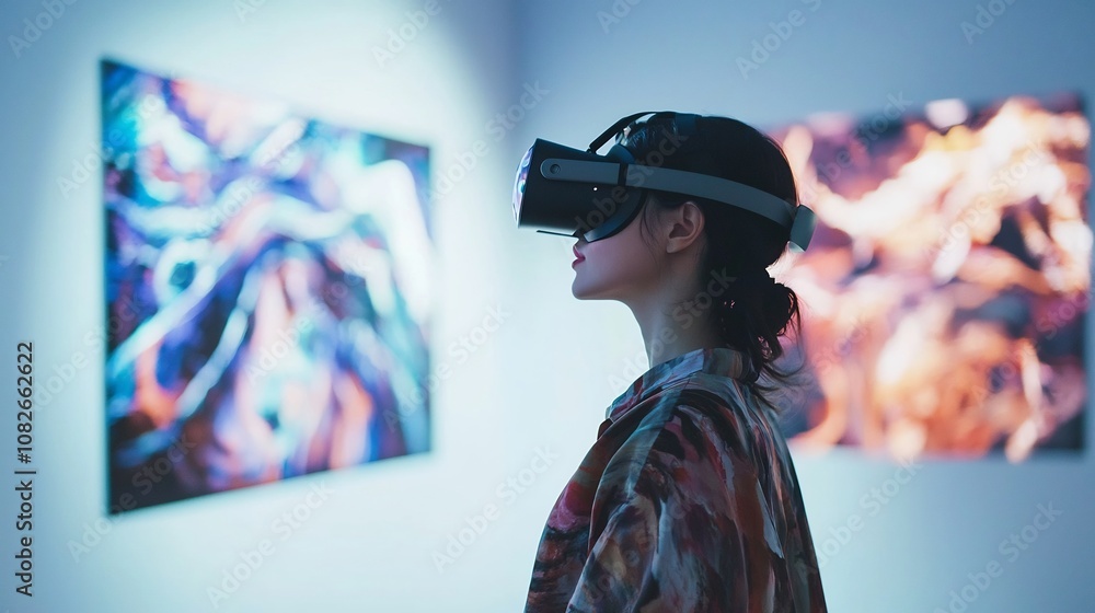 Poster a person wearing vr glasses explores a virtual art gallery with dynamic 3d masterpieces that float a