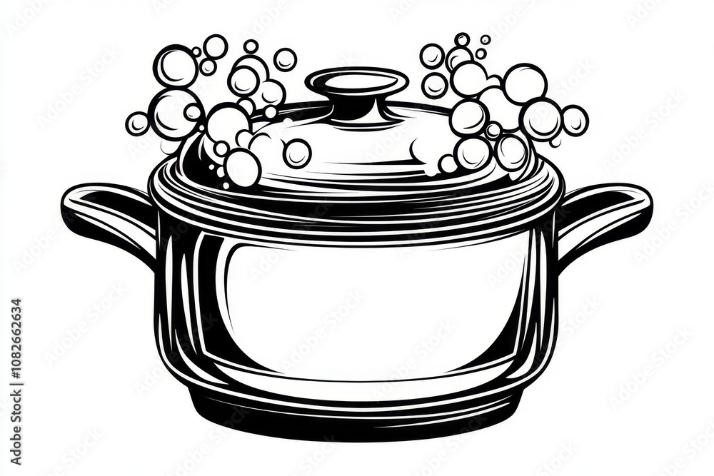 Aufkleber Simple line drawing of a pot with bubbles, illustrating parboiling in an abstract style