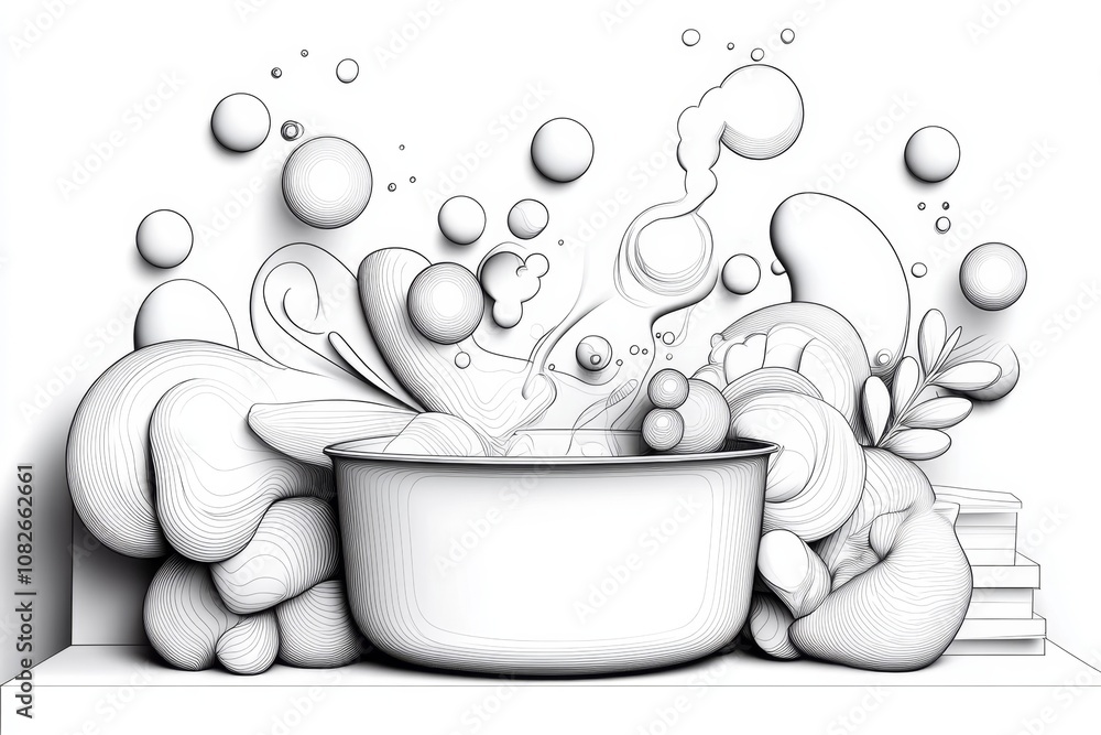 Poster Simple line drawing of a pot with bubbles, illustrating parboiling in an abstract style