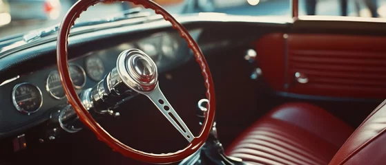 Gordijnen The classic interior of a vintage car with a gleaming red steering wheel, evoking nostalgia and the elegance of a bygone automotive era. © Ai Studio