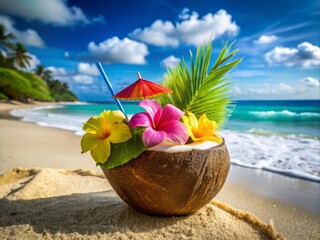 Tropical Drink in Coconut Shell by the Beach with Lush Greenery and Sunlit Waves, Evoking Relaxation and Exotic Vibes for Your Summer Vacation Imagery