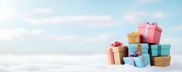 Joyful Winter Wonderland Stacked Colorful Gift Boxes in a Snowfield - Perfect for Holiday Celebrations Festive Decor and Seasonal Promotions