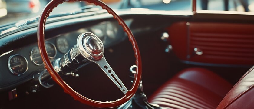 Fototapeta The classic interior of a vintage car with a gleaming red steering wheel, evoking nostalgia and the elegance of a bygone automotive era.