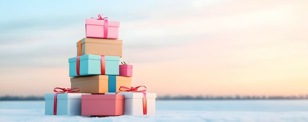 Enchanting Twilight Gift Box Mountain - Vibrant Holiday Colors and Ribbons in a Serene Snowy Landscape Perfect for Seasonal Celebrations and Festive Promotions