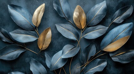 Elegant Blue and Gold Leaves on a Dark Textured Background, Perfect for Nature-Inspired Designs and Artistic Projects, Home Decor, Textile and Wallpaper Use