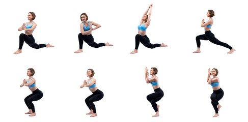 Healthy and active young woman in sportswear with different professional fitness posture set of squat training with meditation yoga exercise on isolated background in gaiety full body length shot.