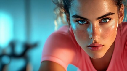 A woman in a pink shirt is looking at the camera