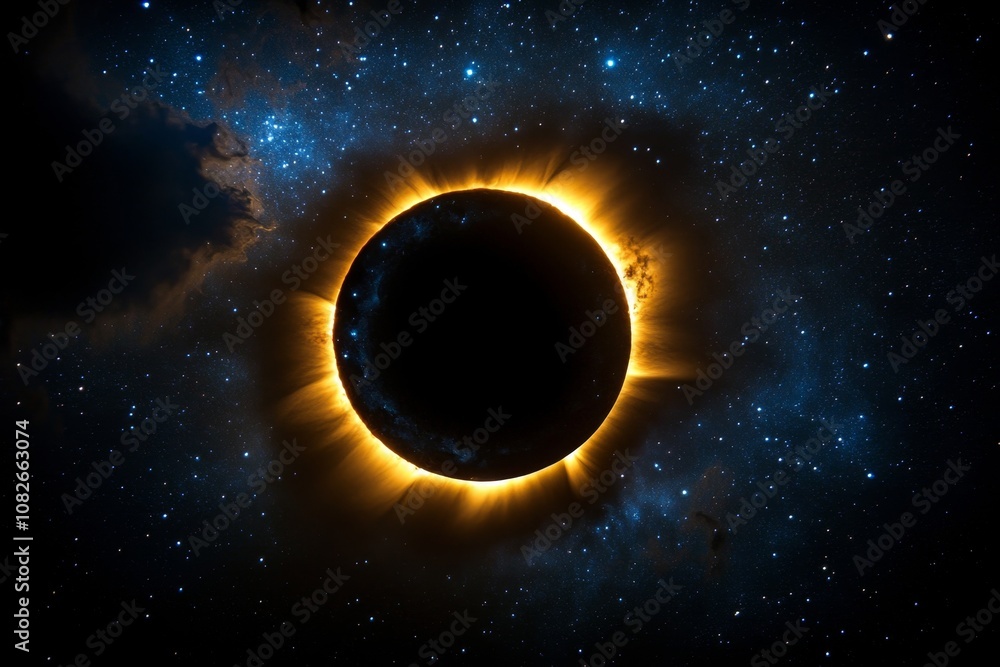 Poster sky during a solar eclipse, showing a dark circle surrounded by glowing light against a starry backd
